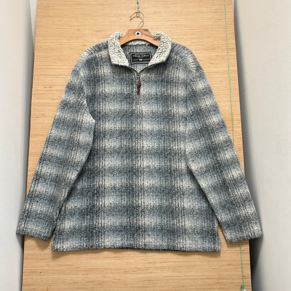 True Grit Mens Gray Plaid Sherpa Lined Quarter Zip Fleece Pullover Sweater 7489